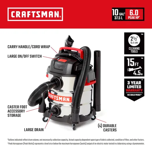 Miniatura 2 de CRAFTSMAN CMXEVBE17155 aspiradora de húmedos/secos de 6.0 picos HP, 10 galones, de acero inoxidable, portátil, para uso en tienda, húmeda y seca