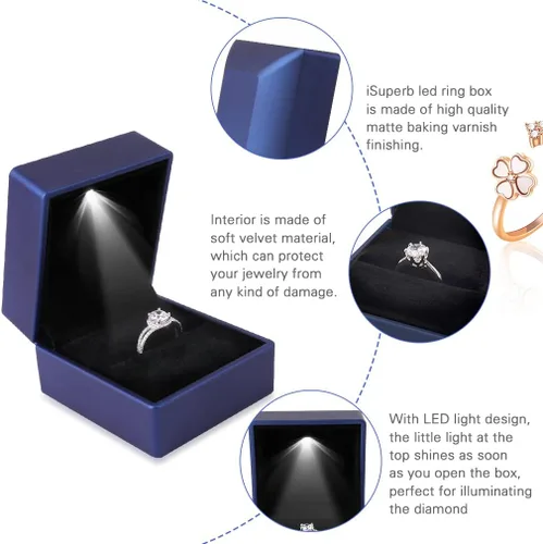 Miniatura 3 de iSuperb 2 cajas de anillos LED iluminadas, para propuestas, compromisos, bodas, regalos (paquete de 2 unidades, azul marino)