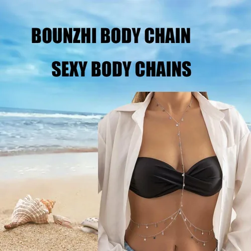 Miniatura 7 de Bounzhi Cadena de cuerpo sexy de plata con diseño de cruz de bikini en la cintura del vientre y cadenas de cuerpo con borla de estrella, collar