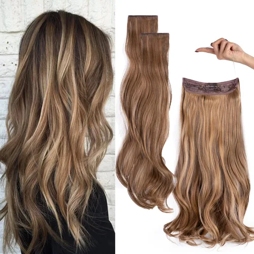 Miniatura 6 de Extensiones de cabello invisibles con halo mejorado con 3 piezas de diadema ajustable, largo, ondulado, extensiones de cabello rubio decolorado