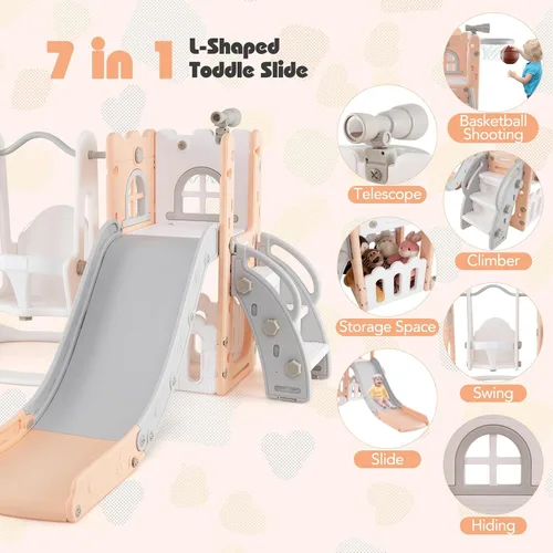 Miniatura 2 de Costzon Juego de Columpio y Tobogán 7 en 1 para Niños Pequeños, Conjunto de Juego Independiente con Tobogán para Niños Pequeños con Columpio, Aro