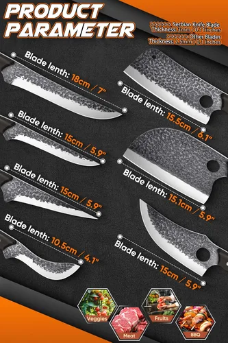Miniatura 7 de ROCOCO Juego de 13 Cuchillos de Carnicero para Corte de Carne Cuchillo de Chef Serbio Cuchillo de Deshuesado Vikingo con Bolsa Enrollable