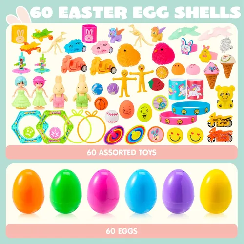 Miniatura 2 de JOYIN 60 huevos de Pascua con calcomanías de juguetes en el interior, búsqueda de huevos de Pascua precargados con juguetes surtidos para niños
