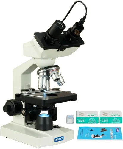 OMAX Cámara USB con microscopio binocular digital LED 40-2500X + diapositivas en blanco + cubiertas + papel de lente