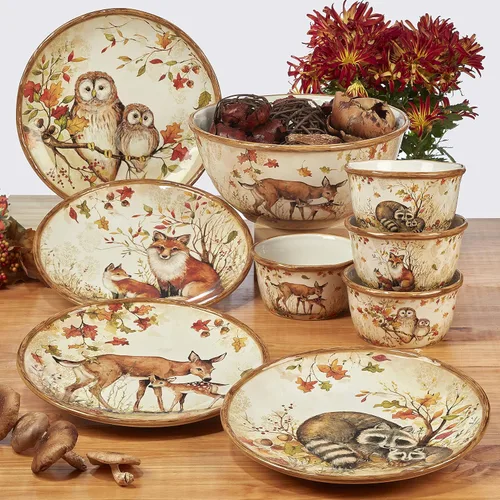 Miniatura 2 de Pine Forest - Tazas de cerámica Woodland de 16 onzas, juego de 4 tazas de café de vida silvestre otoñal con zorro, búho, ciervo y mapache, ideal
