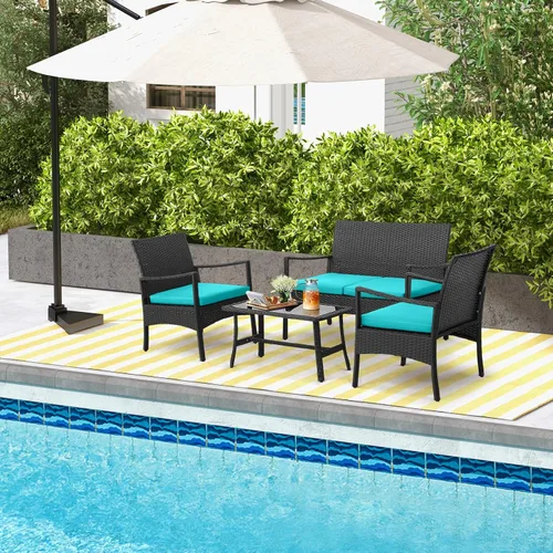 Miniatura 4 de HAPPYGRILL Juego de 4 muebles de mimbre para patio, juego de conversación de mimbre de polietileno, sofá de ratán con cojines, mesa de centro