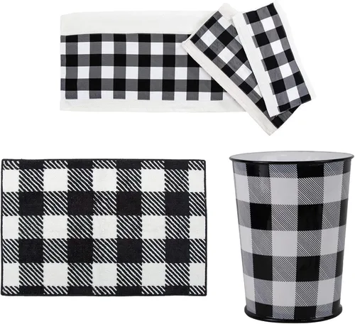HiEnd Accents Camille - Juego de accesorios de baño de 5 piezas a cuadros blancos y negros con toallas, papelera, alfombra de baño