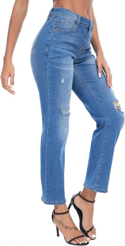 Miniatura 7 de Jeans para mujer, rasgados de cintura media, jeans estilo boyfriend, pierna recta, elásticos, desgastados, jeans para mamá con agujero