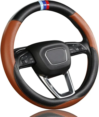 Funda para volante de cuero para BMW, fundas universales para volante de automóvil para coche, SUV, camión con forro antideslizante de 14.5-15 Marrón
