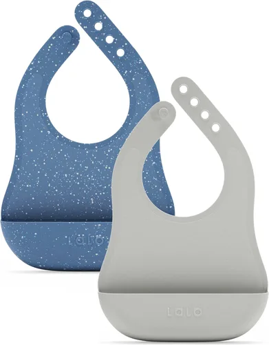 Lalo The Bib - Babero de silicona impermeable y no tóxico con banda ajustable para el cuello y recogedor de bolsas de alimentos de silicona, juego