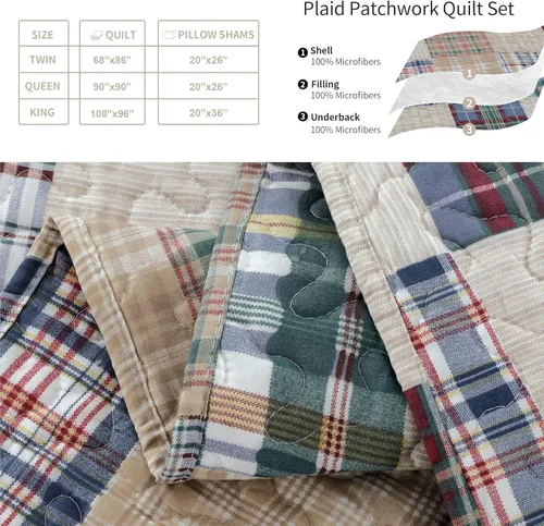 Miniatura 6 de Juego de edredón tamaño Queen, colcha a cuadros, cubrecama Queen, edredones Queen de retazos, ropa de cama para hombres colección a cuadros, colcha