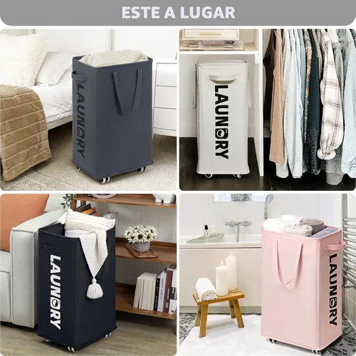 Miniatura 8 de Goodpick Cesta de lavandería con ruedas, cesta para la ropa sucia con bolsa de lavado extraíble, cesta de ropa sucia rodante, artículos esenciales