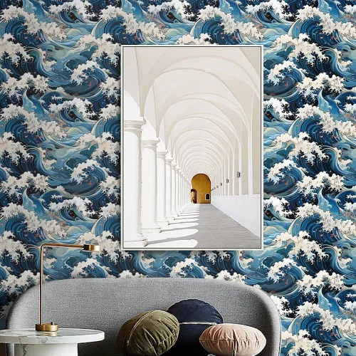 Miniatura 5 de Vinatge Janpanese - Papel tapiz autoadhesivo con mosaico azul y amarillo de olas marinas, para gabinetes de cocina, apto para inquilinos, 14.5 pies
