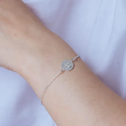 Miniatura 2 de Pulsera de cadena de eslabones de plata de ley con dije de doble cara de San Benito, Plata de ley, no conocido