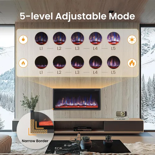 Miniatura 5 de PPHI Villa - Chimenea eléctrica ultra estrecha de 42 pulgadas, chimenea realista de alta llama montada en la pared/empotrada con cama multimedia