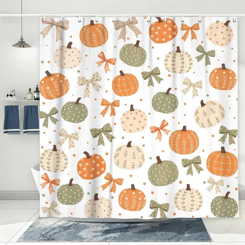Miniatura 7 de Boho Fall Pumpkin Bow Shower Curtain for Bathroom, Waterproof Thanksgiving Harvest Autumn Bath Curtain with Hooks, Washable Privacy Curtain for Kids