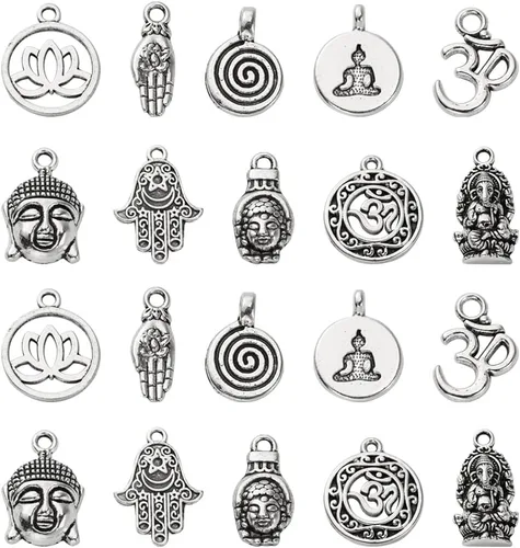 DanLingJewelry 100 piezas 10 Estilos Dijes de Aleación Estilo Tibetano - Buda Tibetano, Om, Loto, Mano Hamsa, Dijes Vintage para Fabricación de