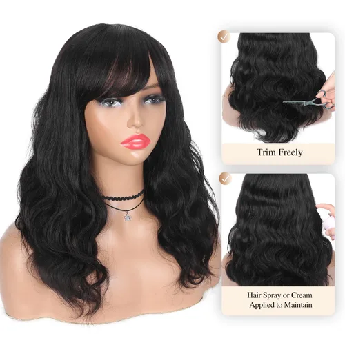 Miniatura 7 de Pelucas de cabello humano WIGER con onda natural con flequillo, línea de cabello mejorada, cabello ondulado suelto negro para mujeres, peluca