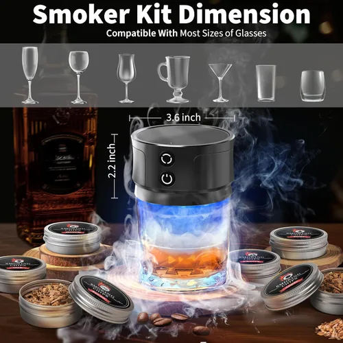 Miniatura 2 de Kit de ahumador eléctrico de whisky con luces: infusor de cóctel con 6 fichas de madera para los amantes del whisky bourbon - Kits de ahumador