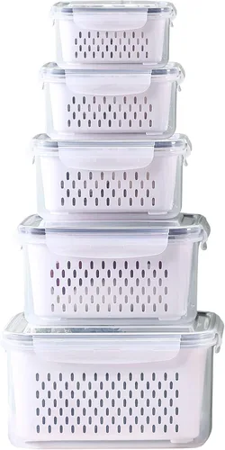 Miniatura 9 de Juego de 3 recipientes de almacenamiento de alimentos para refrigerador con tapas con colador, recipientes de almacenamiento de frutas y verduras