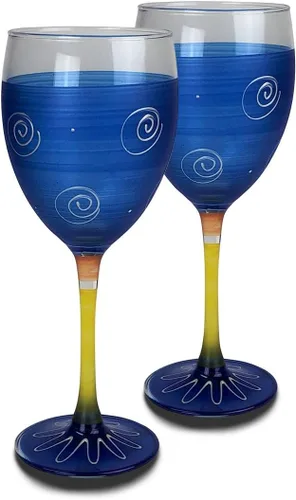 Juego de 2 copas de vino pintadas a mano, colección Peruvian Splendor azul oscuro, cristalería pintada a mano por artistas estadounidenses, copas de