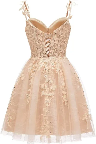 Miniatura 4 de Vestidos cortos de tul con apliques de encaje para mujer, cuello en V, vestidos cortos de cóctel para adolescentes