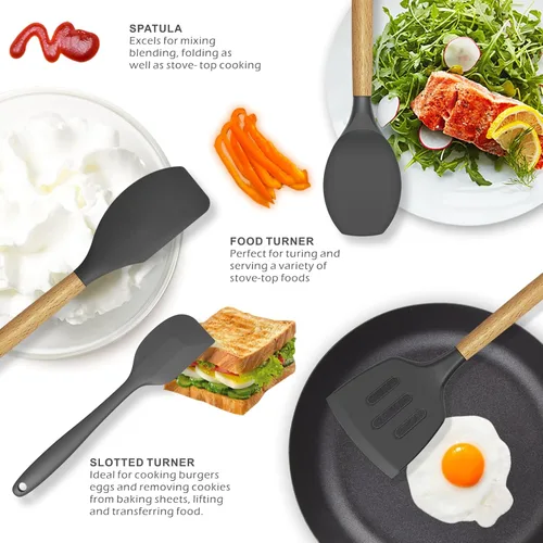 Miniatura 3 de oannao Juego de utensilios de cocina de silicona, resistente al calor, espátula, pinzas giratorias, cuchara, batidor, utensilios de cocina para Gris