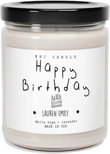 NHI - Vela personalizada de feliz cumpleaños, vela con nombre personalizado, vela perfumada de cera de soja para el hogar, tarro transparente de 9