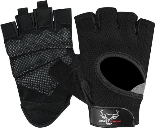 BEAST RAGE Guantes sin dedos para levantamiento de pesas con acolchado de protección en la palma, guantes de gimnasio transpirables y ligeros para