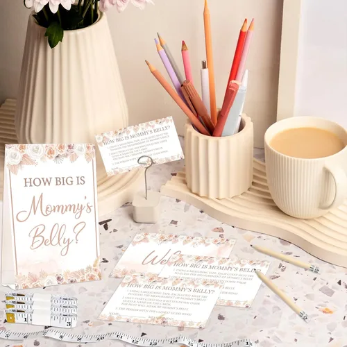 Miniatura 6 de 64 juegos de Guess Baby Shower incluyen How Big is Mommy's Belly Sign 50 tarjetas de adivinanzas, 10 lápices, 3 cintas métricas para medir