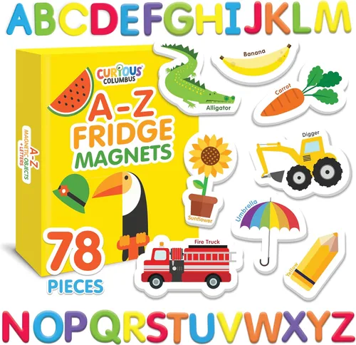 Curious Columbus Objetos magnéticos y letras. Juego de 78 imanes de espuma que incluyen 52 imágenes y 26 imanes del alfabeto mayúsculas de la A a la