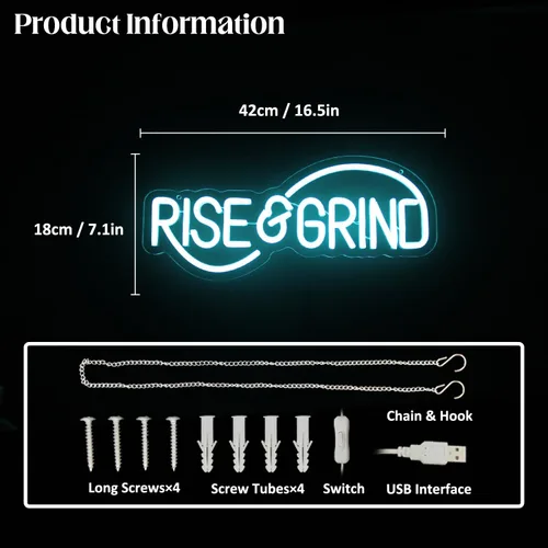 Miniatura 4 de Letrero de neón Rise & Grind Hustle, letreros de neón LED para pared, decoración motivacional, luz de neón de letra azul hielo, arte de pared