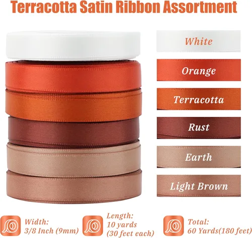 Miniatura 2 de Cinta de Terracota de 3/8 Pulgadas Cinta de Satén Naranja Quemado Delgada 6 Rollos Surtidos para Manualidades Boda Baby Shower Decoración Envoltorio