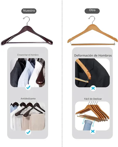 Miniatura 7 de Nature Smile Perchas de madera de caoba de lujo para trajes, paquete de 6, perchas de madera para abrigos, perchas para camisas para chaquetas