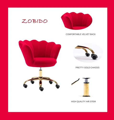 Miniatura 5 de Silla de trabajo cómoda para oficina en casa con ruedas, bonita y moderna tapizada de terciopelo con respaldo de concha, silla de escritorio de Rojo