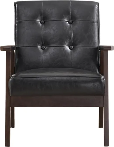 Miniatura 9 de Bonzy Home - Sillón de acento de cuero sintético estilo mitades de siglo moderno para sala de estar Silla con estructura de madera sólida y Negro