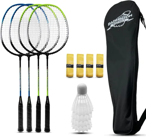 Magicorange Juego de 4 Raquetas de Bádminton para Juegos de Patio Trasero al Aire Libre, Incluye 4 Raquetas, 4 Volantes, 4 Cintas de Agarre de