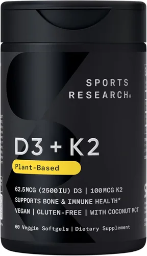 Sports Research® Vitamina D3 + K2 con aceite de coco, vitamina D vegana 2500iu y vitamina K Mk7 de 100 mcg para apoyo óseo e inmunológico,