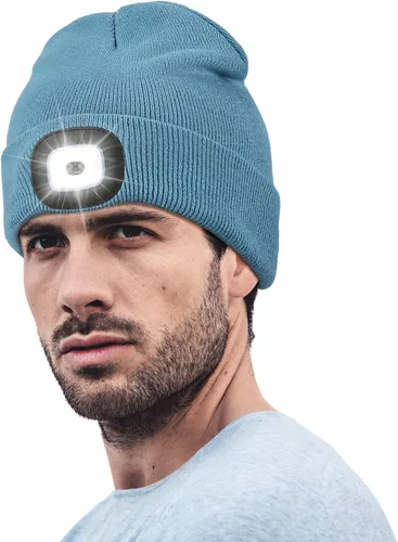 Gorro LED unisex, linterna de invierno recargable por USB, gorro de Navidad con luz para hombre, azul