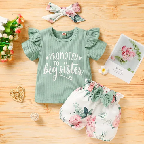 Miniatura 7 de Trajes florales para niñas y niñas, promovido a hermana mayor, camisa de manga corta + pantalones cortos con lazo floral + diadema, 3 piezas de ropa