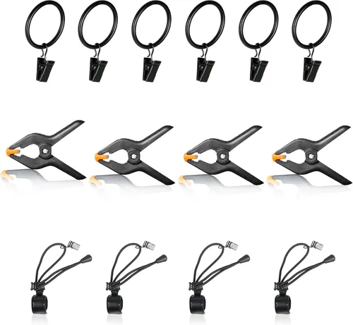 FUDESY Abrazaderas de clips para telón de fondo: 14 paquetes, incluyen 4 abrazaderas de resorte resistentes, 6 clips de cortina para telón de fondo,