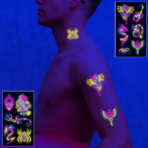 Miniatura 3 de Tatuajes temporales de neón que brillan en los rayos UV, calcomanías de tatuajes de neón 61 estilos de brillantina, dragón, escorpión, araña