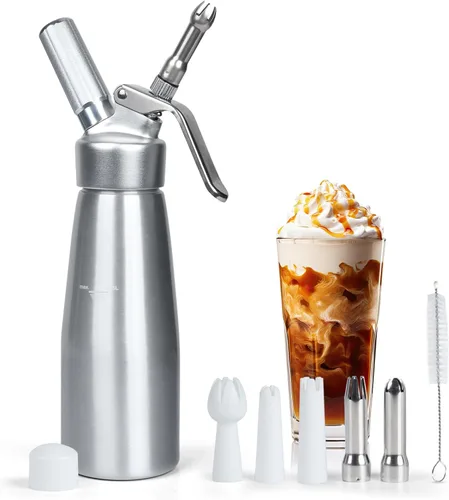 Dispensador de crema batida de 16.9 fl oz, recipiente de aluminio de 1 pinta de crema batida con 6 boquillas de decoración, batidor de crema batida