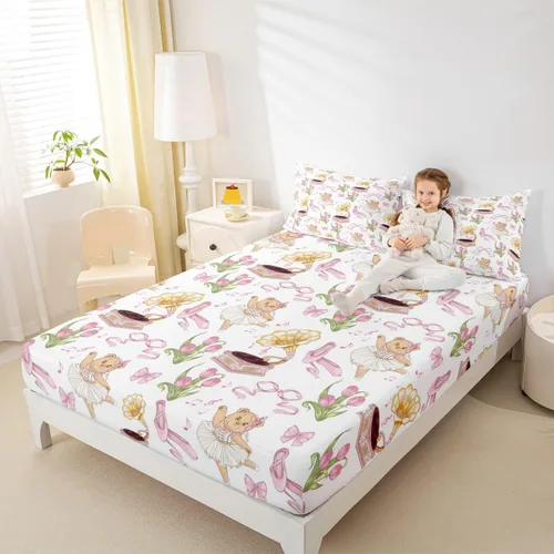 Miniatura 6 de Juego de sábanas de princesa con lazo rosa para niños, tamaño individual, zapatos de ballet, juego de ropa de cama de dibujos animados de oso