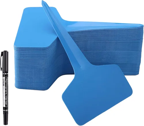 100 etiquetas tipo T para plantas con bolígrafo de gel, etiquetas impermeables para plantas de vivero, marcadores de jardín de plástico, azul, 2.3 x