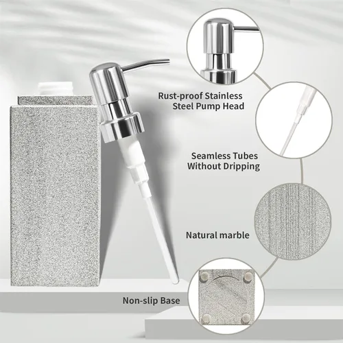 Miniatura 4 de Dispensador de jabón de mármol para baño, Amaauto dispensador de jabón líquido y loción de mármol natural con bomba en botella para encimera de Gris