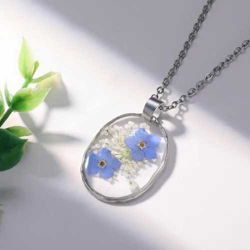Miniatura 40 de Forget-Me-Not and Queen Anne's Lace Pressed Wildflower Necklace Birth Month Real Flower Necklace Gold/Silver Pressed Flower Jewelry