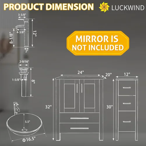 Miniatura 2 de LUCKWIND 36" Bathroom Vanity Combo with Sink, 24"+12.6" Width, Painted Bathroom Storage Cabinet with 5 Drawers, Including Tempered Glass Round