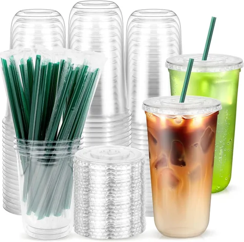 Miniatura 10 de 50 vasos de plástico transparente de 12 onzas con tapas y pajitas verde oscuro, fondo redondo desechables para llevar tazas de café helado, tazas