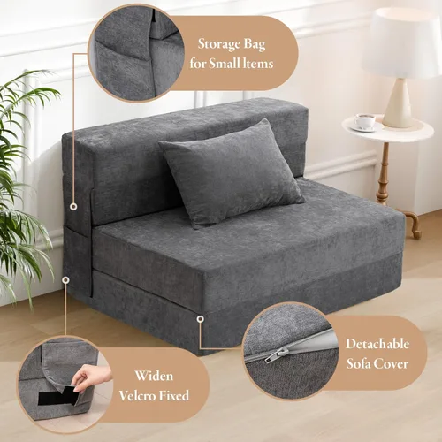 Miniatura 10 de HOMFINE Sofá cama plegable - Silla cama convertible con cojín, sofá desplegable, colchón de espuma viscoelástica para piso, sofá futón, sofá